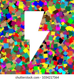 Lightning sign illustration. Vector. White icon on colorful background with seamless pattern from squares.