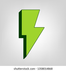 Lightning sign illustration. Vector. Yellow green solid icon with dark green external body at light colored background.