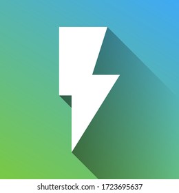 Lightning sign illustration. White Icon with gray dropped limitless shadow on green to blue background. Illustration.