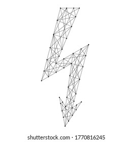 Signo de relámpago, símbolo de voltaje eléctrico de líneas y puntos negros poligonales abstractos futuristas. Ilustración vectorial.