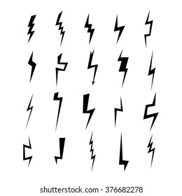 Lightning silhouette. Lightning bolt icon. Set of blue thunderbolt silhouettes. Lightning strike. Vector illustration.