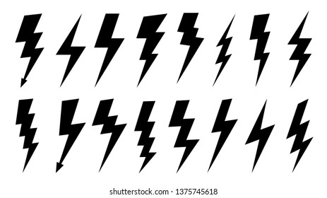 Lightning silhouette. High voltage electrical power symbol, electric lightnings and thunderbolt silhouettes. Vector illustration isolated sign set