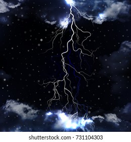 Lightning and snowfall with dramatic clouds. Vector