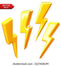 lightning, stop, danger. 3d Lightning Sign Yellow Color. Design in plastic realistic cartoon style. Volume set of icon isolated on white background. Vector illustration.