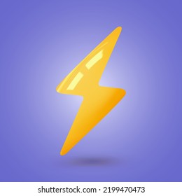 paro de rayos, peligro. Signo luminoso Color amarillo. Diseño 3d realista al estilo de las caricaturas plásticas. Icono aislado en fondo morado. Ilustración de vectores mínimos