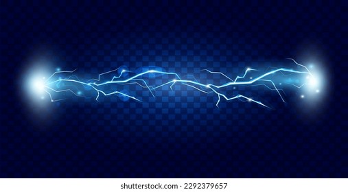 Lightning storm energy, thunder power. Blue spark, shock electric effect, bright glowing flash thunderbolt, charge light rays. Thunderstorm blitz. Vector recent 3d illustration