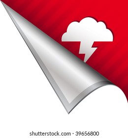Lightning or storm weather icon on vector peeled corner tab suitable for use in print, on websites, or in advertising materials.