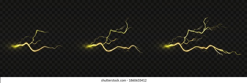 Lightning strike animation, electric discharge, impact place or magical energy flash in yellow color isolated on transparent background. Powerful electrical flash, Realistic 3d vector illustration