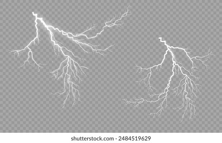 Lightning strike bolt. Light white isolated vector lightning png. Thunderbolts and zippers are natural phenomena isolated on a transparent background. Magic light abstract lines. Realistic lightning.