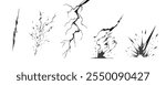 Lightning strike bolt silhouettes sequence vector illustration. Black thunderbolts and zippers are natural phenomena isolated on a dark background. Thunderstorm electric effect of light shining flash.