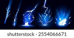 Lightning strike bolt silhouettes sequence vector illustration. Bright thunderbolts and zippers are natural phenomena isolated on a dark background. Thunderstorm electric effect of light shining flash