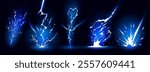 Lightning strike bolt silhouettes sequence vector illustration. Bright thunderbolts and zippers are natural phenomena isolated on a dark background. Thunderstorm electric effect of light shining flash