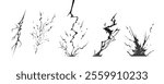Lightning strike bolt silhouettes sequence vector illustration. Black thunderbolts and zippers are natural phenomena isolated on a dark background. Thunderstorm electric effect of light shining flash.