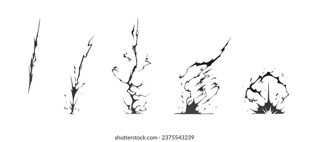 Lightning strike bolt silhouettes sequence vector illustration. Black thunderbolts and zippers are natural phenomena isolated on a dark background. Thunderstorm electric effect of light shining flash.