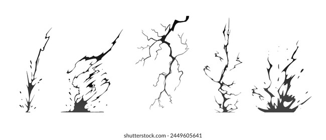 Lightning strike bolt silhouettes sequence vector illustration. Black thunderbolts and zippers are natural phenomena isolated on a dark background. Thunderstorm electric effect of light shining flash.