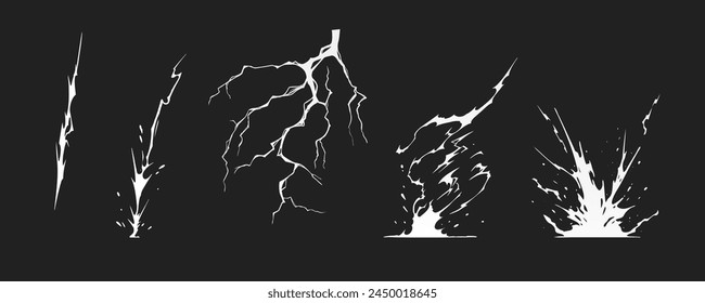 Lightning strike bolt silhouettes sequence vector illustration. Black thunderbolts and zippers are natural phenomena isolated on a dark background. Thunderstorm electric effect of light shining flash.