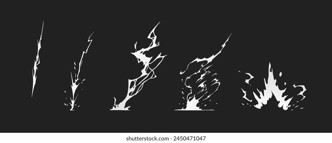 Lightning strike bolt silhouettes sequence vector illustration. Black thunderbolts and zippers are natural phenomena isolated on a dark background. Thunderstorm electric effect of light shining flash.