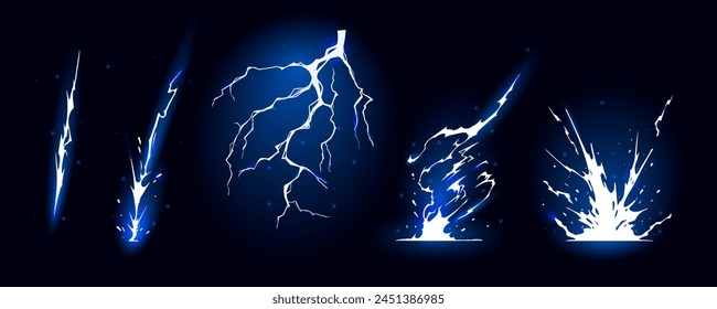 Ilustración vectorial de secuencia de siluetas de relámpagos. Rayos negros y cremalleras son fenómenos naturales aislados sobre un fondo oscuro. Efecto eléctrico de tormenta eléctrica de luz que brilla.