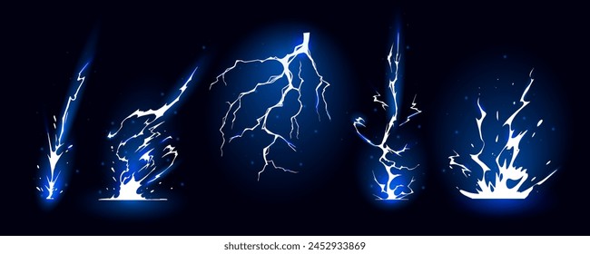 Ilustración vectorial de secuencia de siluetas de relámpagos. Rayos negros y cremalleras son fenómenos naturales aislados sobre un fondo oscuro. Efecto eléctrico de tormenta eléctrica de luz que brilla.