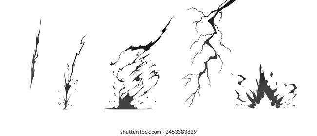 Lightning strike bolt silhouettes sequence vector illustration. Black thunderbolts and zippers are natural phenomena isolated on a dark background. Thunderstorm electric effect of light shining flash.