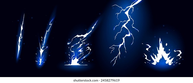 Ilustración vectorial de secuencia de siluetas de relámpagos. Rayos negros y cremalleras son fenómenos naturales aislados sobre un fondo oscuro. Efecto eléctrico de tormenta eléctrica de luz que brilla.