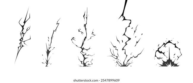 Silhuetas de parafuso de impacto de raio ilustração de vetor de sequência. Raios pretos e zíperes são fenômenos naturais isolados em um fundo escuro. Efeito elétrico da tempestade de trovoadas do flash luminoso.