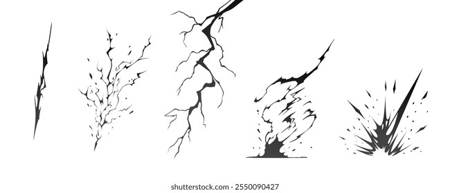 Silhuetas de parafuso de impacto de raio ilustração de vetor de sequência. Raios pretos e zíperes são fenômenos naturais isolados em um fundo escuro. Efeito elétrico da tempestade de trovoadas do flash luminoso.