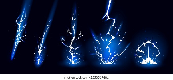 Lightning strike bolt silhouettes sequence vector illustration. Bright thunderbolts and zippers are natural phenomena isolated on a dark background. Thunderstorm electric effect of light shining flash