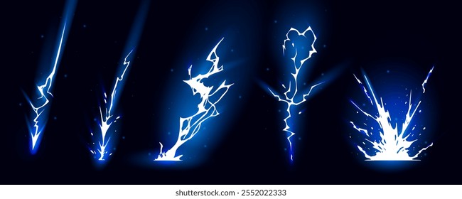 Silhuetas de parafuso de impacto de raio ilustração de vetor de sequência. Raios brilhantes e zíperes são fenômenos naturais isolados em um fundo escuro. Efeito elétrico da tempestade de trovoadas do flash luminoso