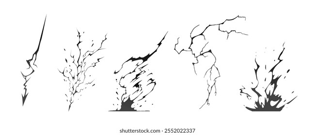 Silhuetas de parafuso de impacto de raio ilustração de vetor de sequência. Raios pretos e zíperes são fenômenos naturais isolados em um fundo escuro. Efeito elétrico da tempestade de trovoadas do flash luminoso.