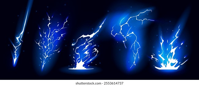 Lightning strike bolt silhouettes sequence vector illustration. Bright thunderbolts and zippers are natural phenomena isolated on a dark background. Thunderstorm electric effect of light shining flash