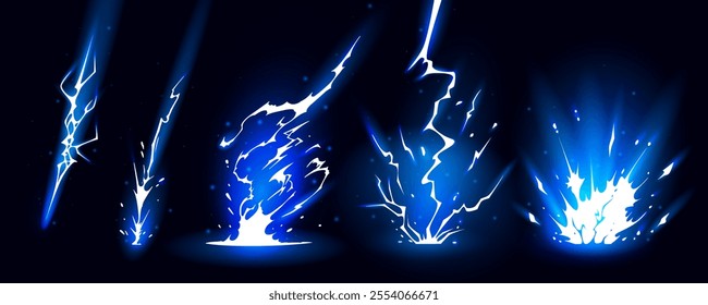 Lightning strike bolt silhouettes sequence vector illustration. Bright thunderbolts and zippers are natural phenomena isolated on a dark background. Thunderstorm electric effect of light shining flash