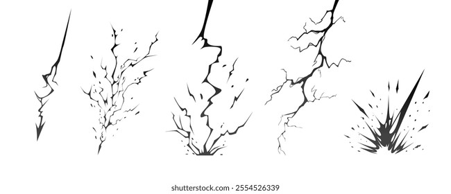 Lightning strike bolt silhouettes sequence vector illustration. Black thunderbolts and zippers are natural phenomena isolated on a dark background. Thunderstorm electric effect of light shining flash.