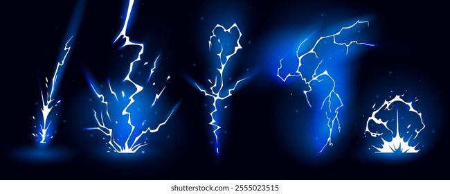 Lightning strike bolt silhouettes sequence vector illustration. Bright thunderbolts and zippers are natural phenomena isolated on a dark background. Thunderstorm electric effect of light shining flash