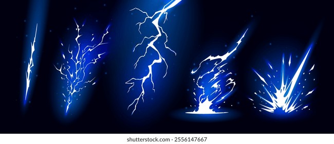 Lightning strike bolt silhouettes sequence vector illustration. Bright thunderbolts and zippers are natural phenomena isolated on a dark background. Thunderstorm electric effect of light shining flash