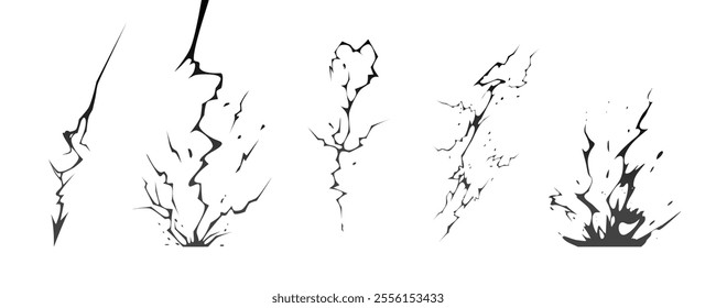 Lightning strike bolt silhouettes sequence vector illustration. Black thunderbolts and zippers are natural phenomena isolated on a dark background. Thunderstorm electric effect of light shining flash.