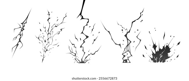 Lightning strike bolt silhouettes sequence vector illustration. Black thunderbolts and zippers are natural phenomena isolated on a dark background. Thunderstorm electric effect of light shining flash.