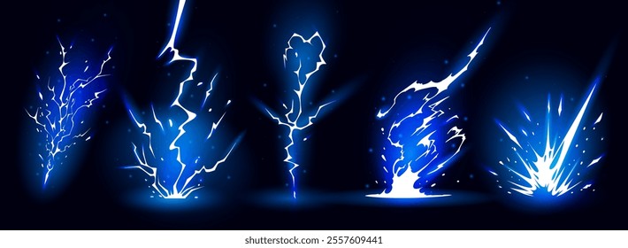 Lightning strike bolt silhouettes sequence vector illustration. Bright thunderbolts and zippers are natural phenomena isolated on a dark background. Thunderstorm electric effect of light shining flash