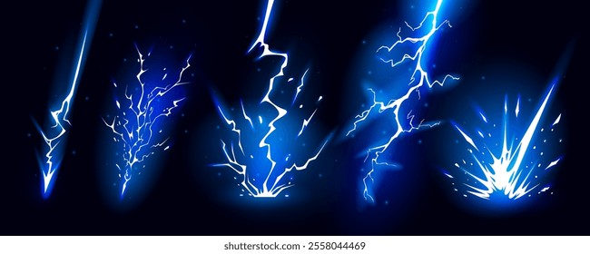 Lightning strike bolt silhouettes sequence vector illustration. Bright thunderbolts and zippers are natural phenomena isolated on a dark background. Thunderstorm electric effect of light shining flash