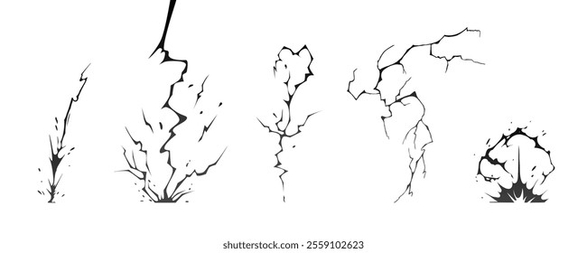 Lightning strike bolt silhouettes sequence vector illustration. Black thunderbolts and zippers are natural phenomena isolated on a dark background. Thunderstorm electric effect of light shining flash.