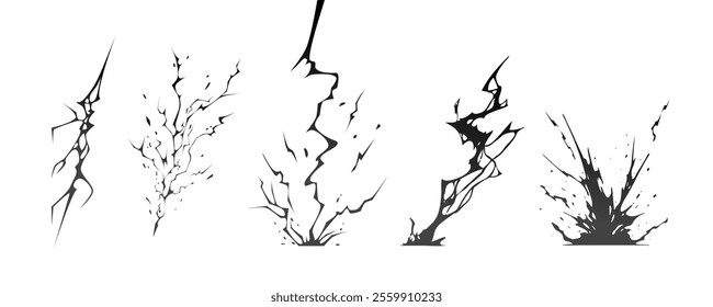 Lightning strike bolt silhouettes sequence vector illustration. Black thunderbolts and zippers are natural phenomena isolated on a dark background. Thunderstorm electric effect of light shining flash.