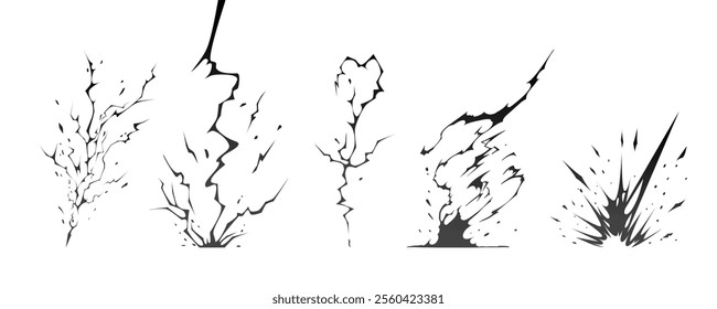 Lightning strike bolt silhouettes sequence vector illustration. Black thunderbolts and zippers are natural phenomena isolated on a dark background. Thunderstorm electric effect of light shining flash.