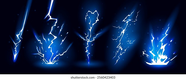 Lightning strike bolt silhouettes sequence vector illustration. Bright thunderbolts and zippers are natural phenomena isolated on a dark background. Thunderstorm electric effect of light shining flash