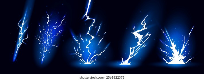 Lightning strike bolt silhouettes sequence vector illustration. Bright thunderbolts and zippers are natural phenomena isolated on a dark background. Thunderstorm electric effect of light shining flash