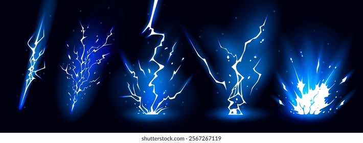 Lightning strike bolt silhouettes sequence vector illustration. Bright thunderbolts and zippers are natural phenomena isolated on a dark background. Thunderstorm electric effect of light shining flash