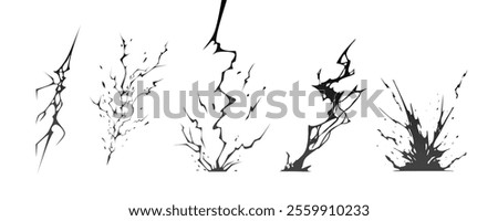 Lightning strike bolt silhouettes sequence vector illustration. Black thunderbolts and zippers are natural phenomena isolated on a dark background. Thunderstorm electric effect of light shining flash.