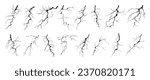 Lightning strike bolt silhouettes vector illustration set. Black thunderbolts and zippers are natural phenomena isolated on a white background. Thunderstorm electric effect of light and shining flash.