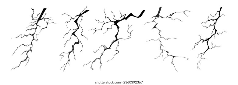 Lightning strike bolt silhouettes vector illustration set. Black thunderbolts and zippers are natural phenomena isolated on a white background. Thunderstorm electric effect of light and shining flash.