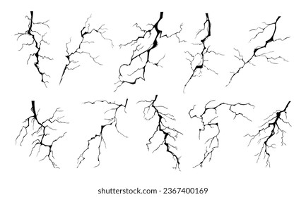 Blitzschlagbolzen Silhouetten Vektorgrafik Set. Schwarze Thunderbolzen und Reißverschlüsse sind natürliche Phänomene einzeln auf weißem Hintergrund. Gewitterte elektrische Wirkung von Licht und leuchtenden Blitz.