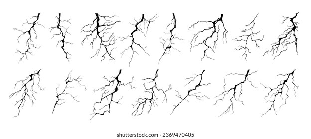 Lightning strike bolt silhouettes vector illustration set. Black thunderbolts and zippers are natural phenomena isolated on a white background. Thunderstorm electric effect of light and shining flash.